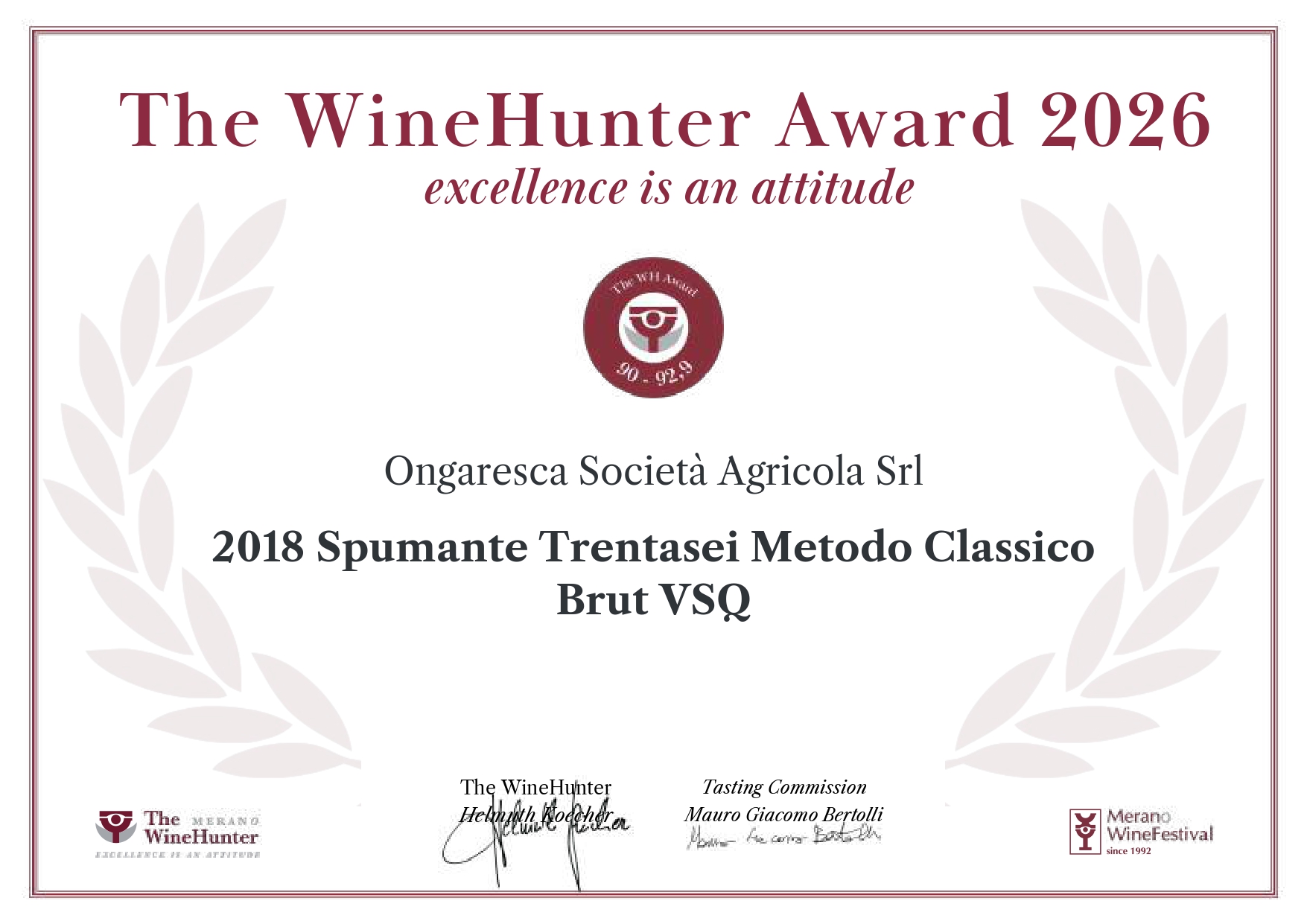 The WineHunter Award 2026 – Diploma Rosso – Ongaresca Societa Agricola Srl – 2018 Spumante Trentasei Metodo Classico Brut VSQ