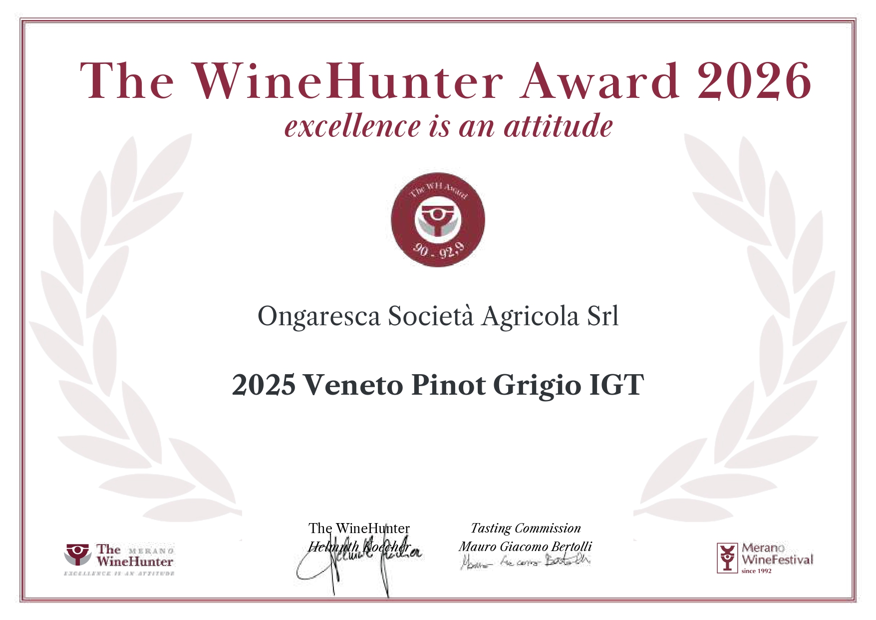 The WineHunter Award 2026 – Diploma Rosso – Ongaresca Societa Agricola Srl – 2025 Veneto Pinot Grigio IGT